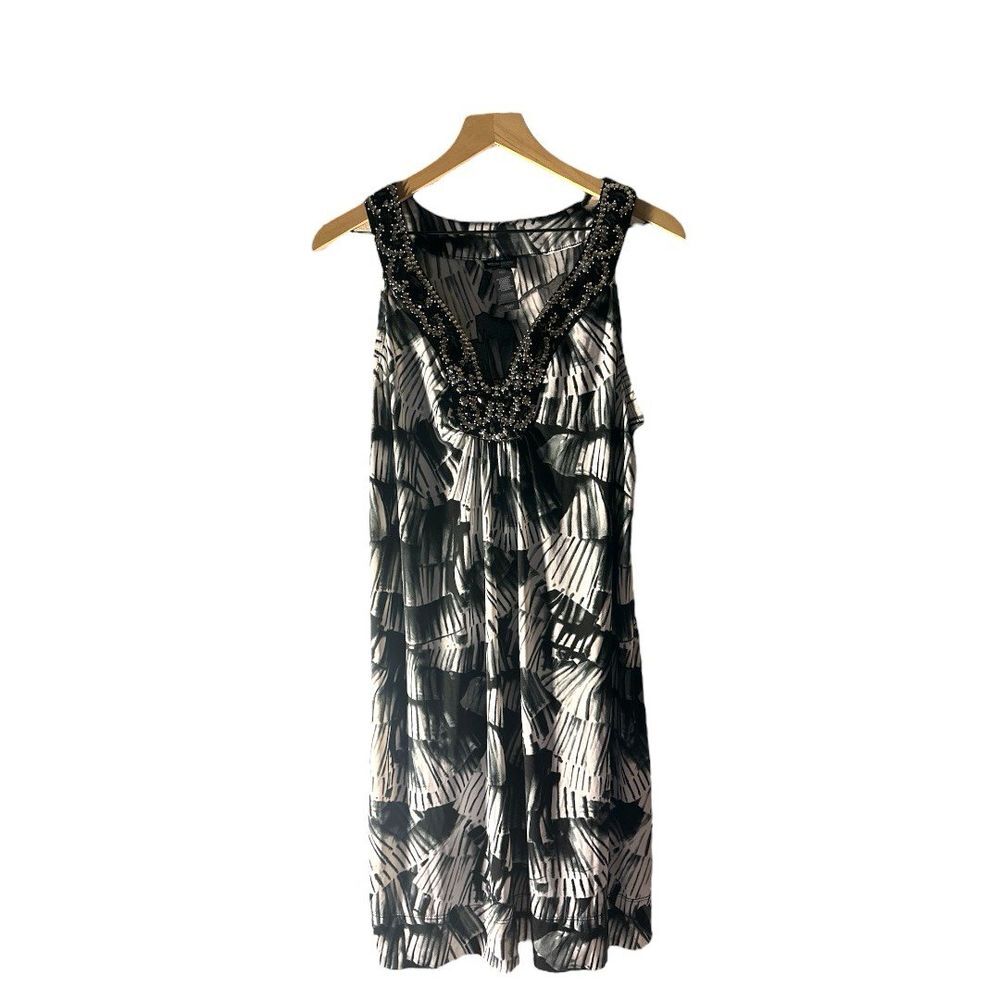 Sleeveless Dress Black White Abstract Beaded Neckline Casual Party‎ Size 16W